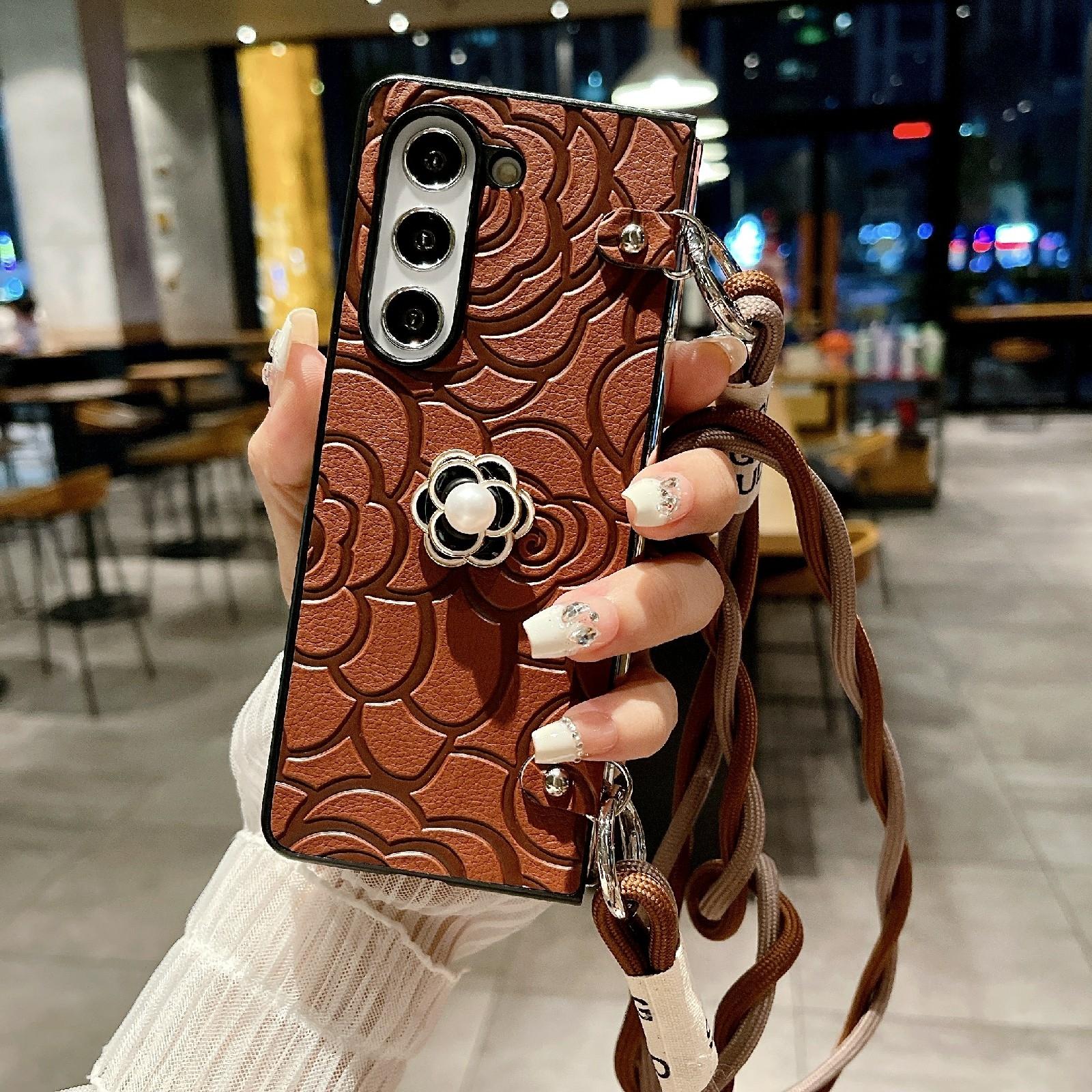 For Samsung Galaxy Z Fold4 5G Camellia Pattern Phone Case With Lanyard - Black 15