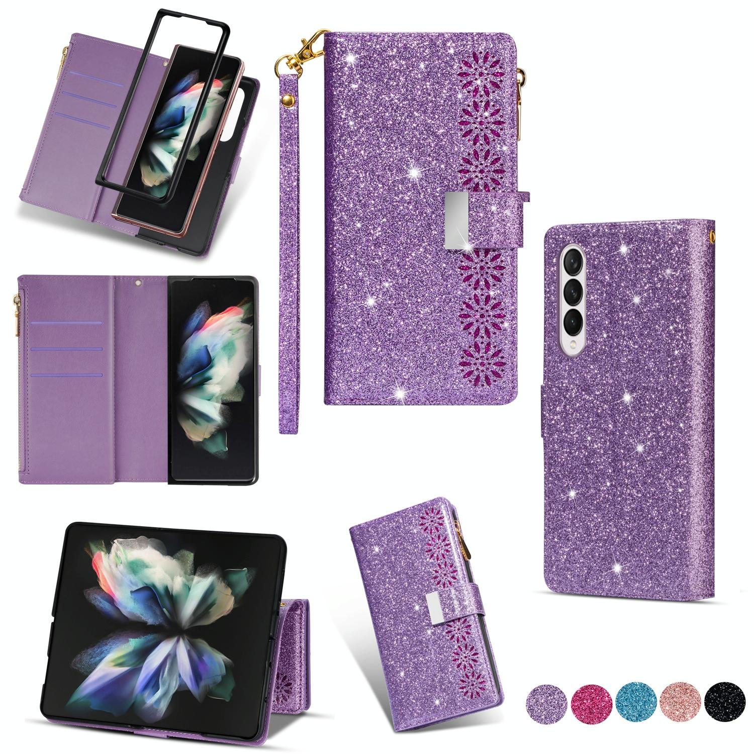 For Samsung Galaxy Z Fold4 5G Sparkling Leather Zip Case - Zipper Closure - Rose Gold 7
