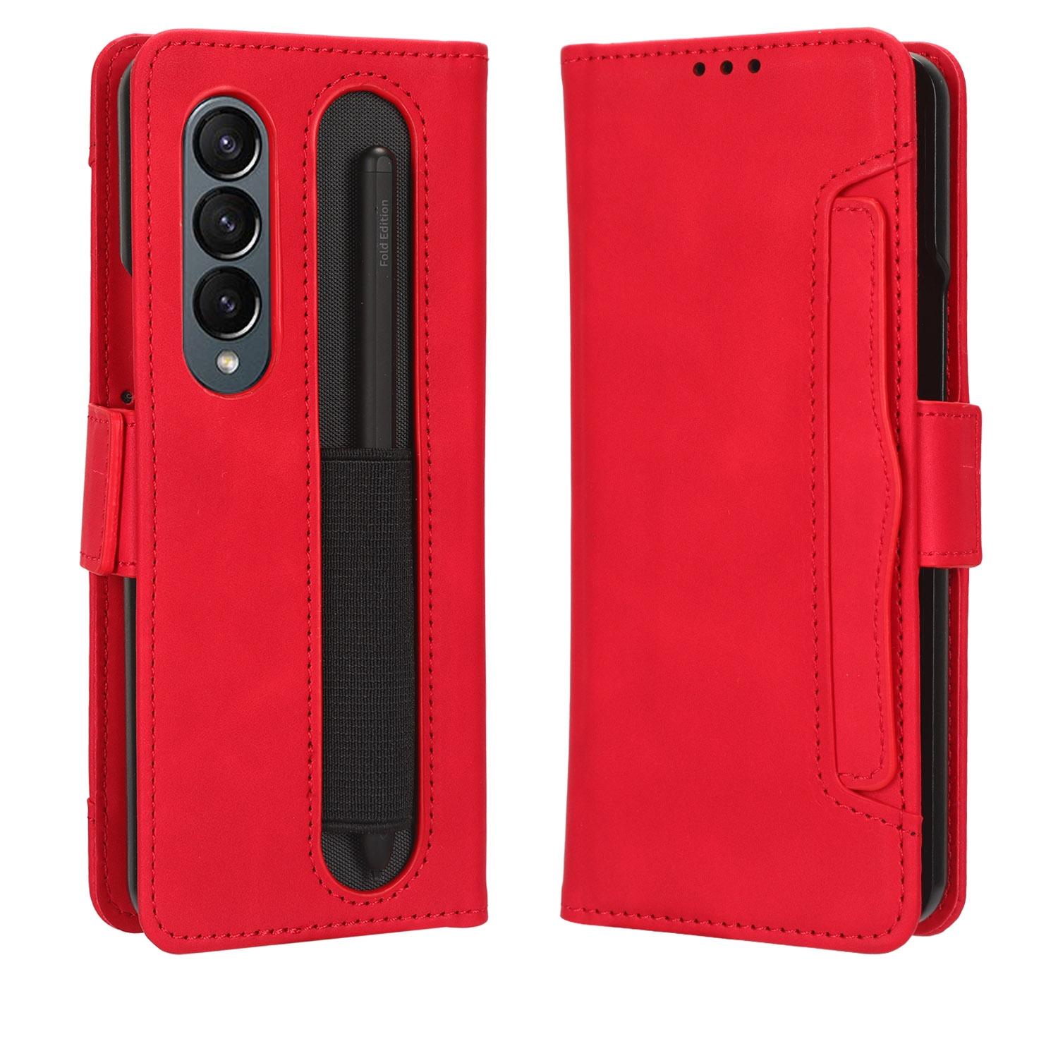 For Samsung Galaxy Z Fold4 5G Leather Phone Case With Card Slots And Calf Texture - Red 7