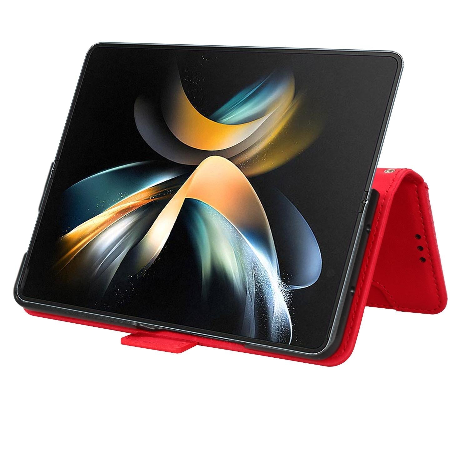 For Samsung Galaxy Z Fold4 5G Leather Phone Case With Card Slots And Calf Texture - Red 9