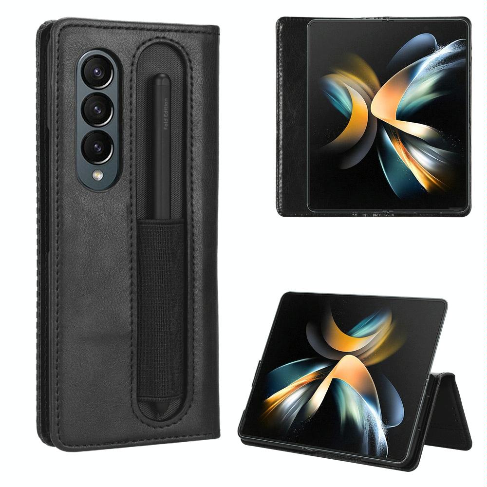 For Samsung Galaxy Z Fold4 5G Vintage Leather Phone Case With Magnetic Buckle - Blue 14