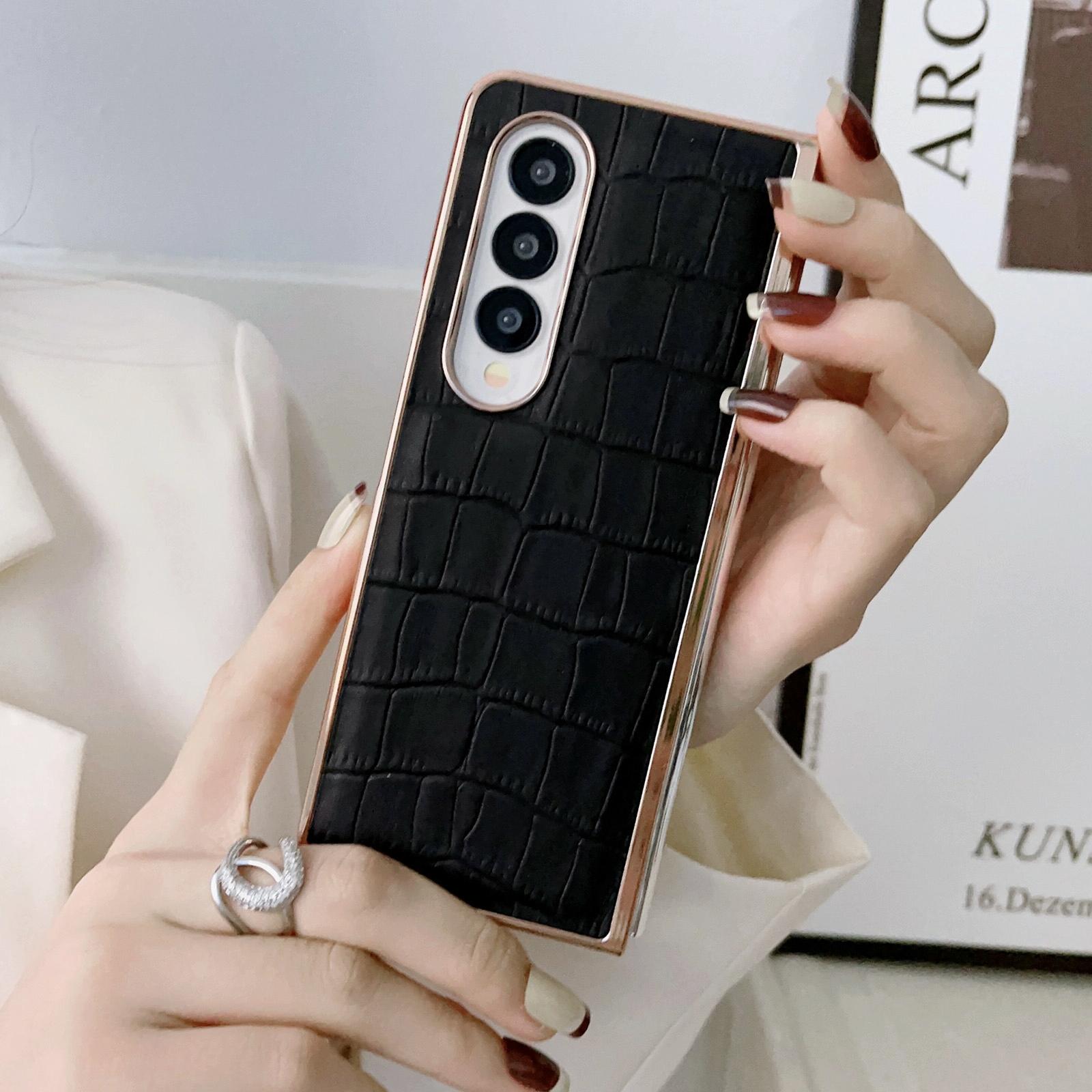 For Samsung Galaxy Z Fold4 5G Crocodile Leather Phone Case - Electroplated - Brown 4