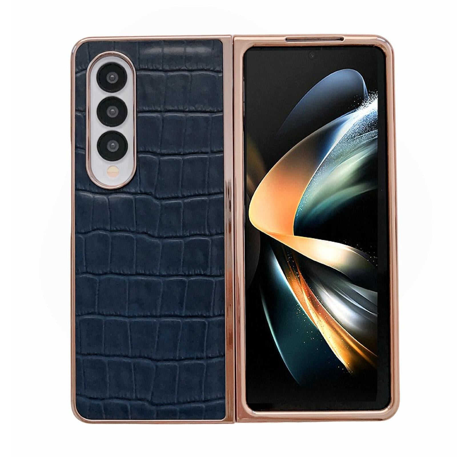 For Samsung Galaxy Z Fold4 5G Crocodile Leather Phone Case - Electroplated - Brown 11