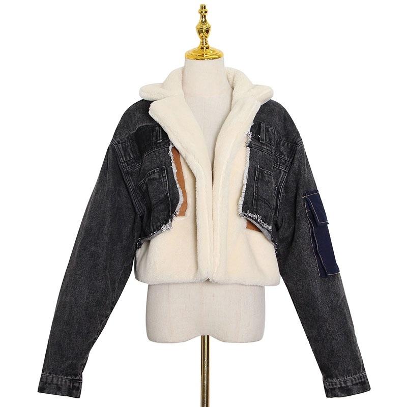 Plush Thick Denim Stitching Lamb Fur Lapel Cotton Jacket - Black L 4