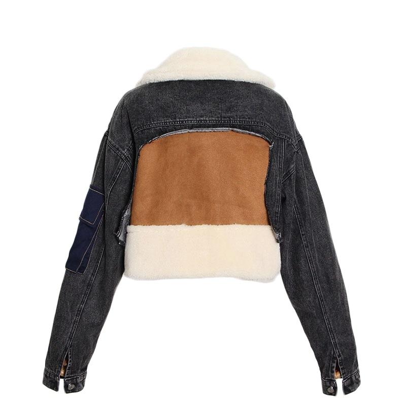 Plush Thick Denim Stitching Lamb Fur Lapel Cotton Jacket - Black L 5