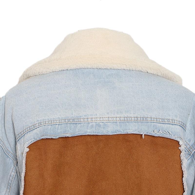 Plush Thick Denim Stitching Lamb Fur Lapel Cotton Jacket - Black L 6