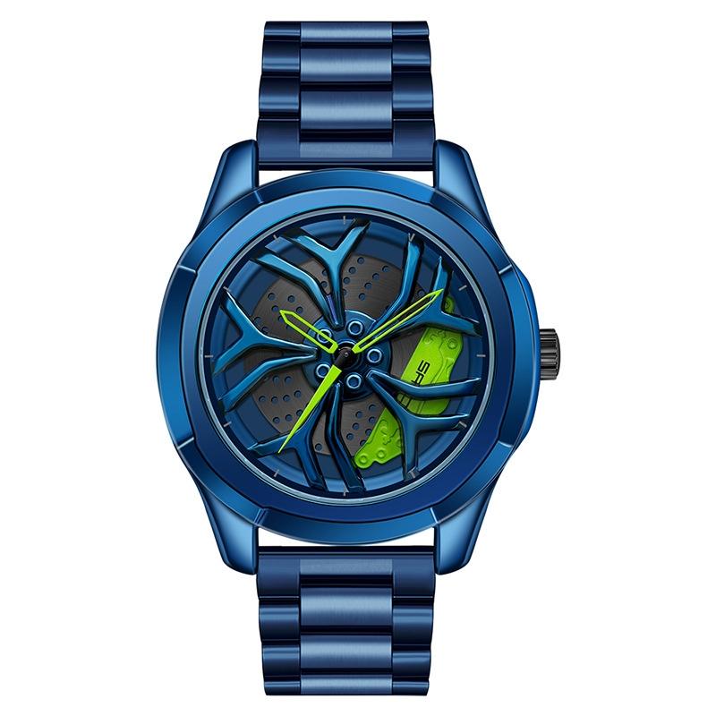 Men Casual Steel Band Quartz Watch - P1065 Wheel Series - Blue Green