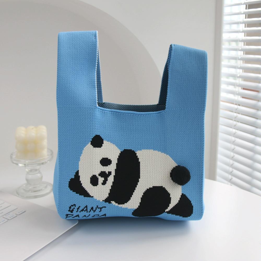 Cartoon Panda Knit Bag - Large Capacity Vest Handbag - Blue 12