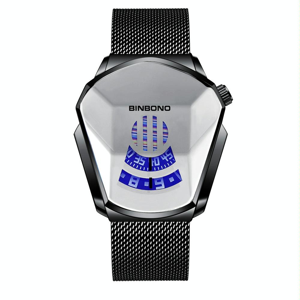 Black Technology Men Watch with Locomotive Concept - Black Net Belt-Black Steel-White Face 6
