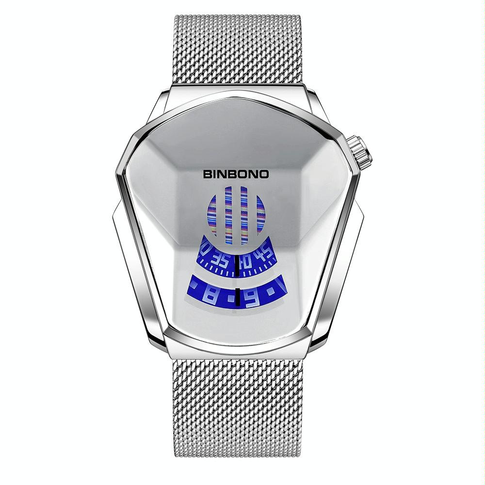 Black Technology Men Watch with Locomotive Concept - Black Net Belt-Black Steel-White Face 9