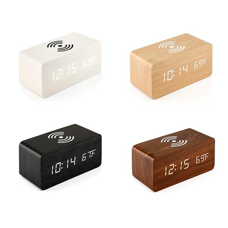 5W Wooden Wireless Charger With Led Mirror Display And Sub Alarm Clock - Black Wood 3