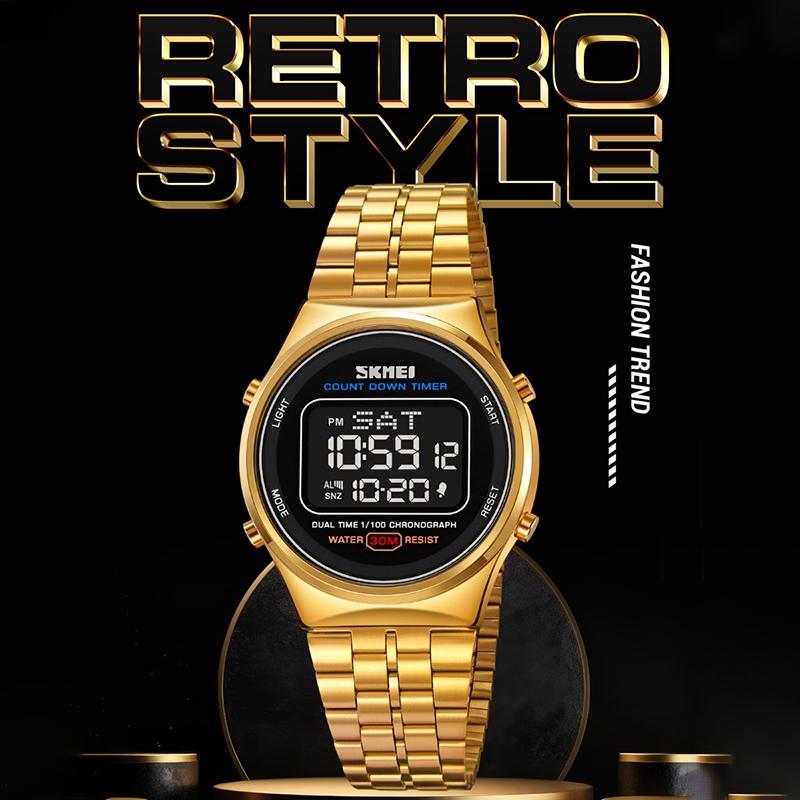 Waterproof Multifunctional Men Digital Watch - Luminous Stainless Steel - 30m - Gold Black 5