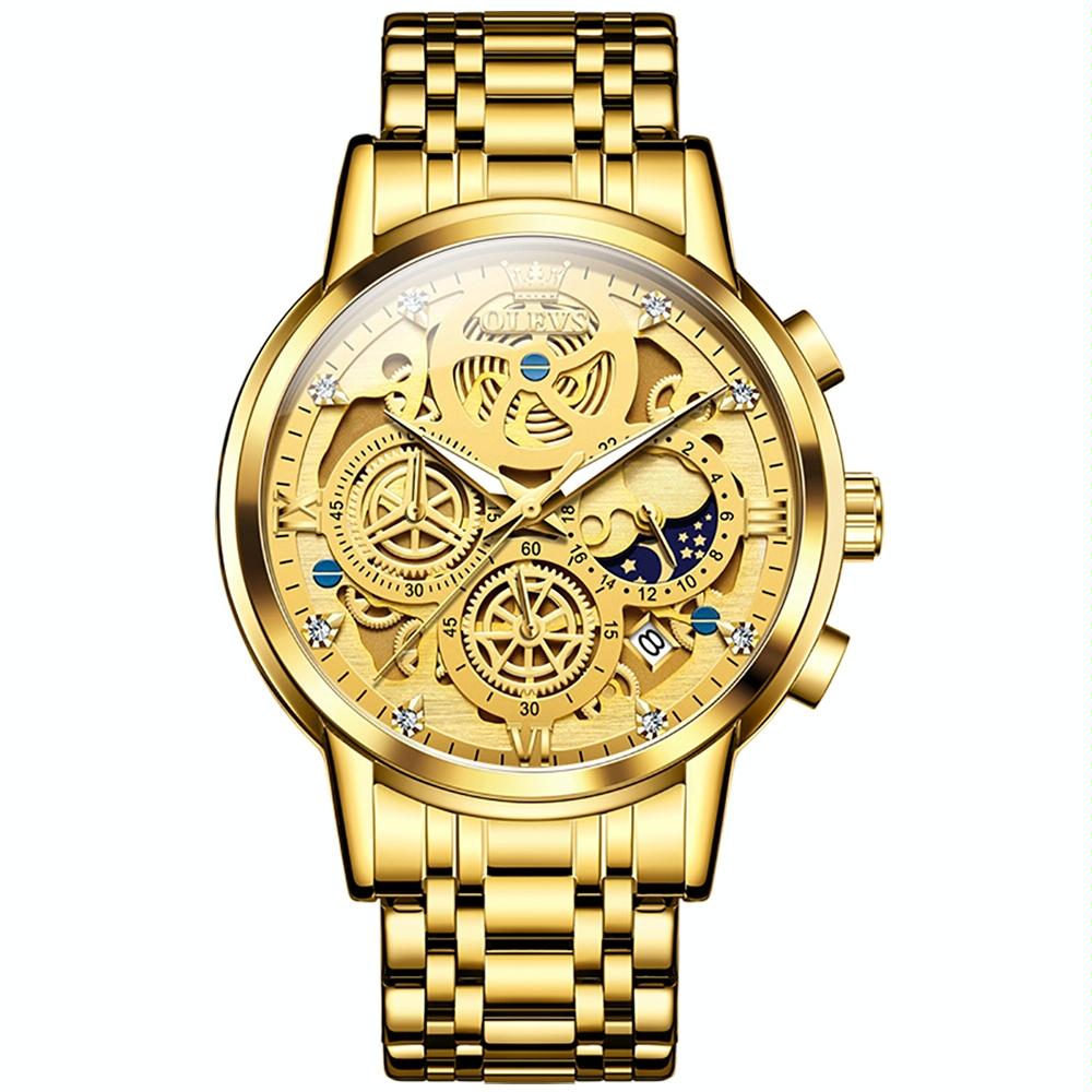 Waterproof Multifunctional Men Quartz Watch - Hollow Design - Blue + Gold