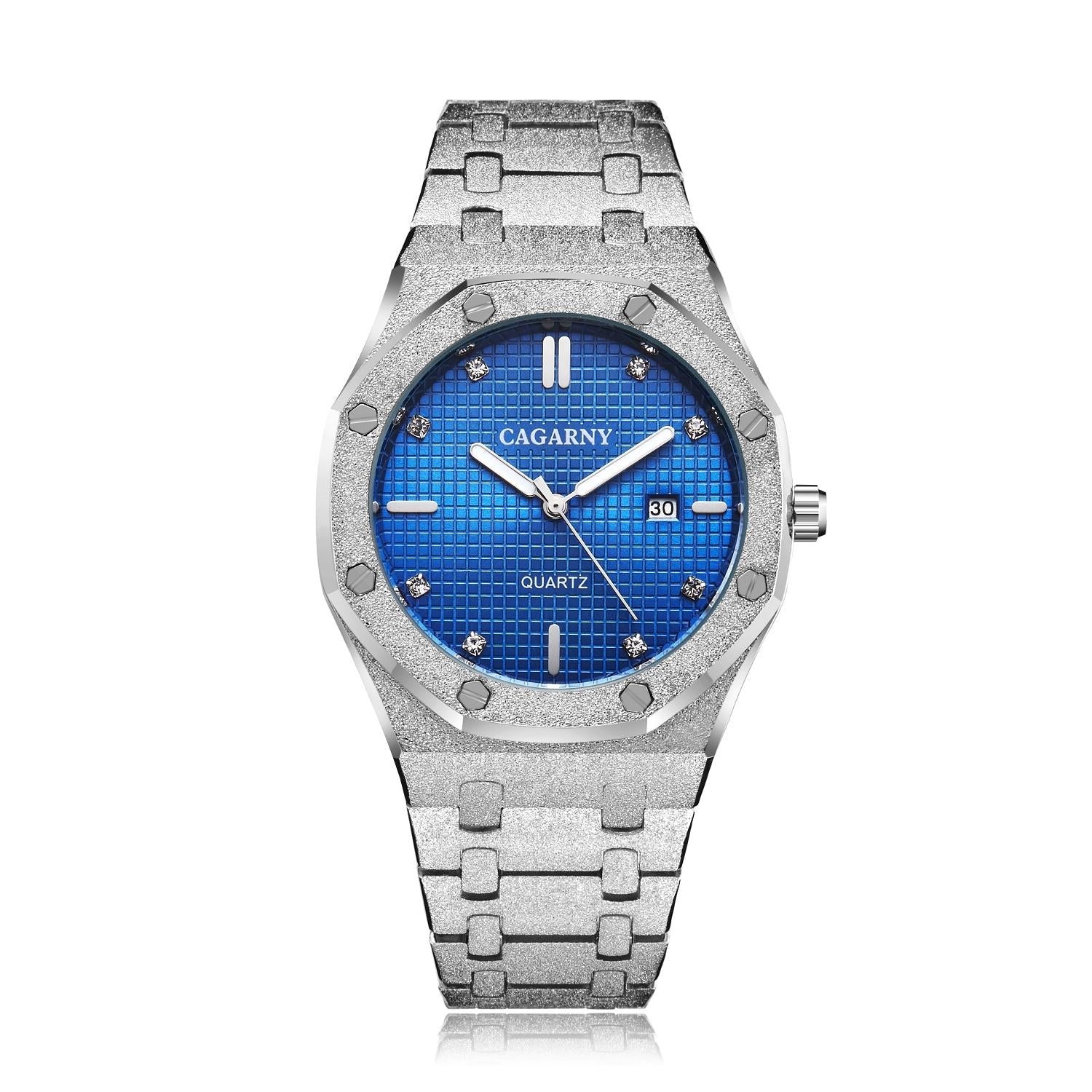 Men Quartz Steel Watch with Simple Stone Surface - Silver Shell Blue Surface 10