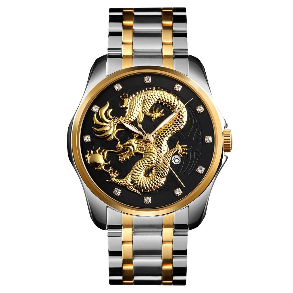 Men Golden Dragon Calendar Dial Quartz Watch with Luminous Hands - Gold Blue 12
