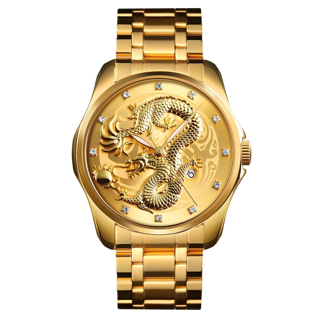Men Golden Dragon Calendar Dial Quartz Watch with Luminous Hands - Gold Blue 15