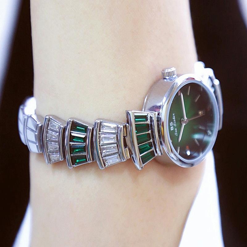 Women Diamond Symphony Wrist Watch with Inlaid Diamonds - Silver Green 7