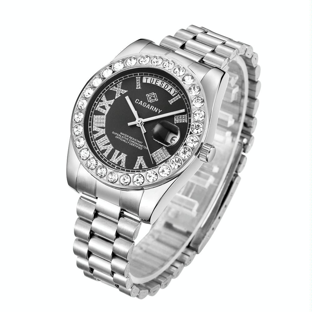Men Quartz Watch with Diamond-encrusted Roman Numeral Dial - Gold Shell White Dial 3