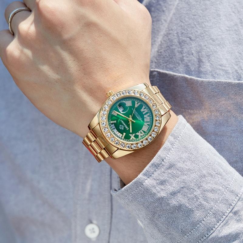Men Quartz Watch with Diamond-encrusted Roman Numeral Dial - Gold Shell White Dial 5