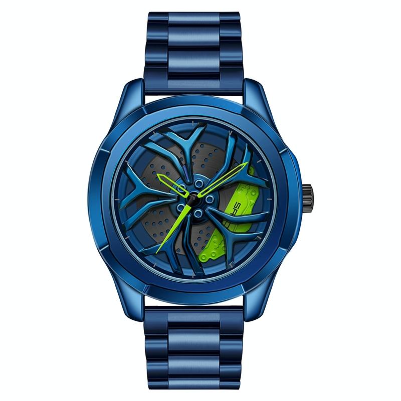 Men Steel Belt Quartz Watch with 3d Hollow out Wheel Design - Blue Green