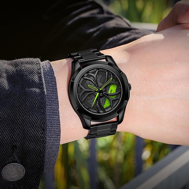 Men Steel Belt Quartz Watch with 3d Hollow out Wheel Design - Blue Green 10