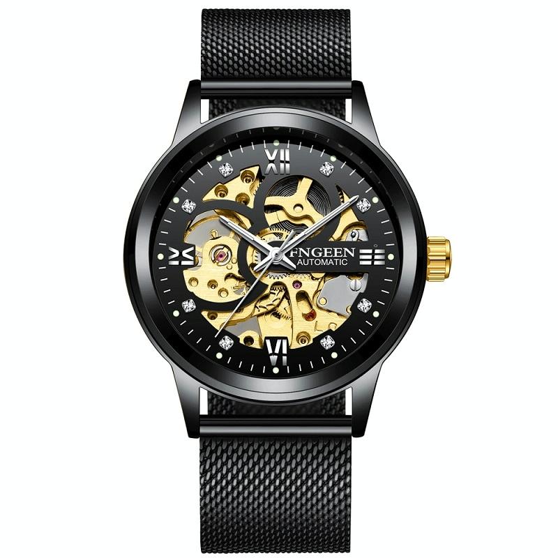 Waterproof Luminous Diamond Mechanical Watch with Double-sided Hollow Design and Black Mesh Strap