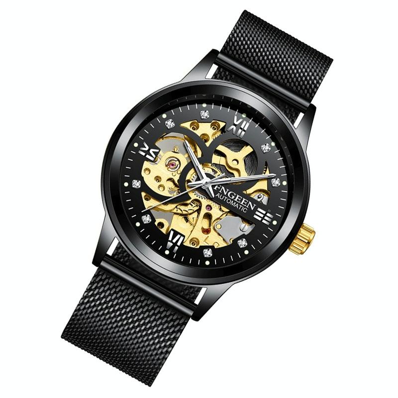 Waterproof Luminous Diamond Mechanical Watch with Double-sided Hollow Design and Black Mesh Strap