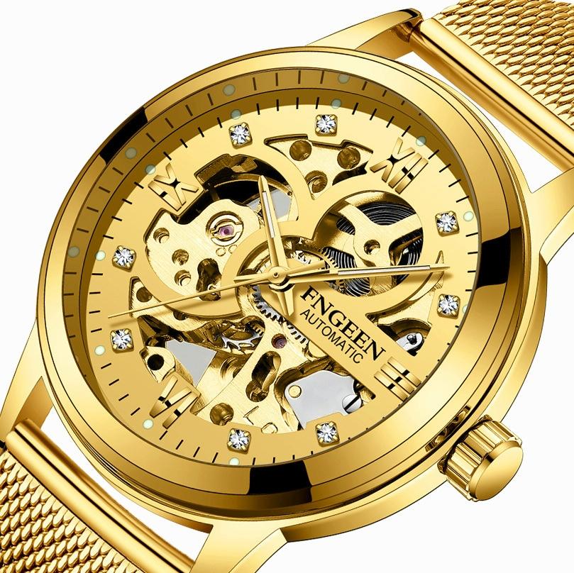 Waterproof Luminous Diamond Mechanical Watch with Double-sided Hollow Design and Black Mesh Strap 3
