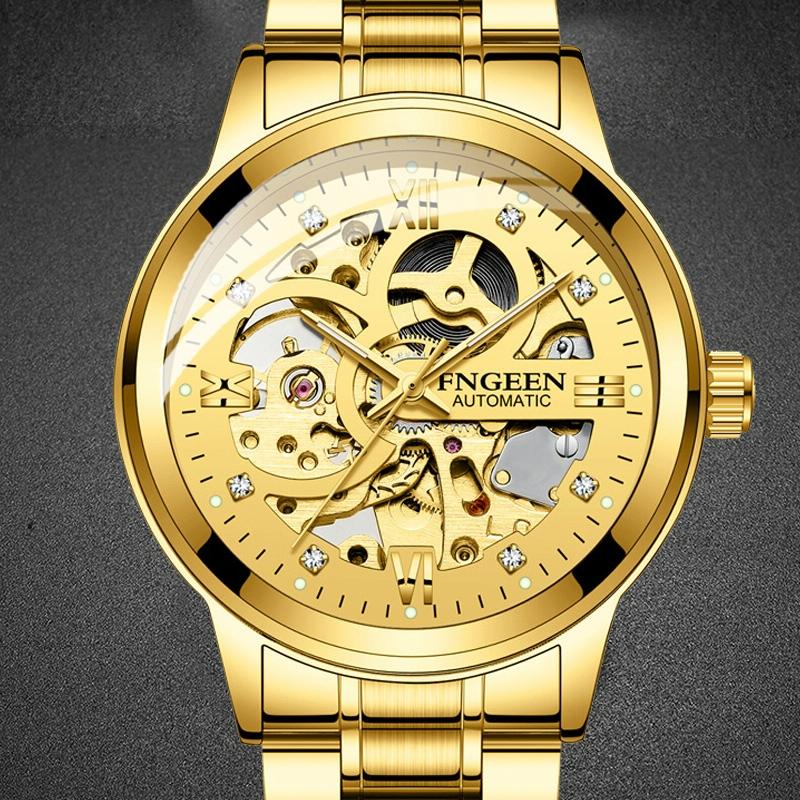 Waterproof Luminous Diamond Mechanical Watch with Double-sided Hollow Design and Black Mesh Strap 4