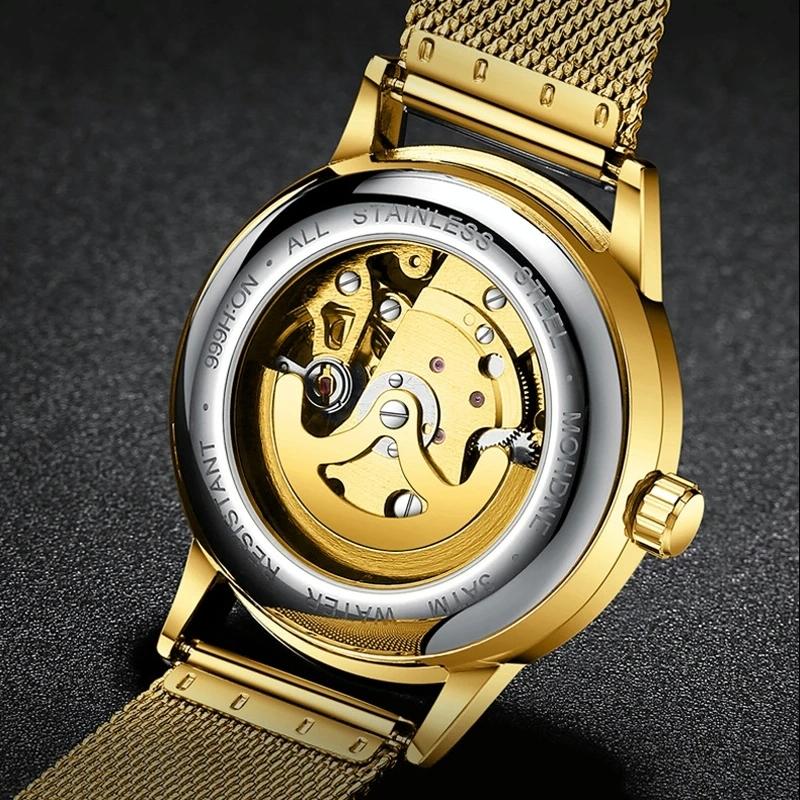 Waterproof Luminous Diamond Mechanical Watch with Double-sided Hollow Design and Black Mesh Strap 5