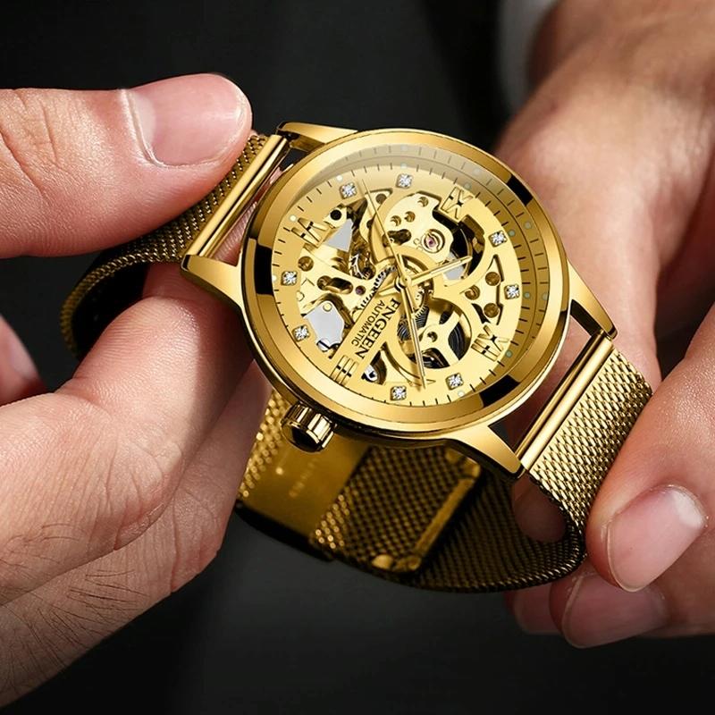 Waterproof Luminous Diamond Mechanical Watch with Double-sided Hollow Design and Black Mesh Strap 6