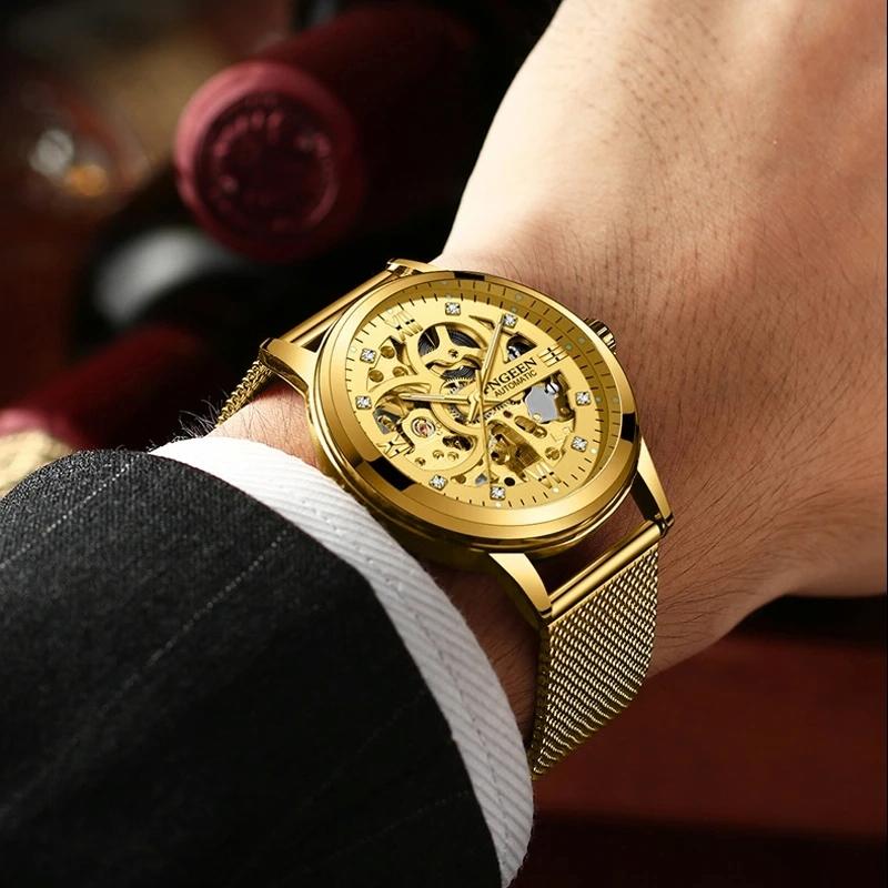 Waterproof Luminous Diamond Mechanical Watch with Double-sided Hollow Design and Black Mesh Strap 7