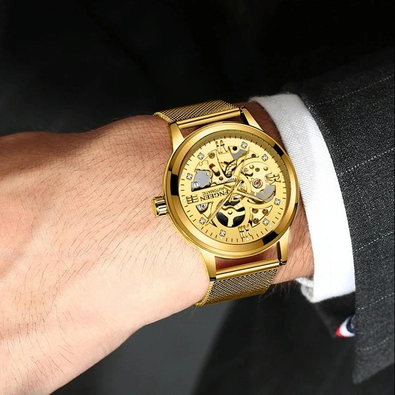 Waterproof Luminous Diamond Mechanical Watch with Double-sided Hollow Design and Black Mesh Strap 8