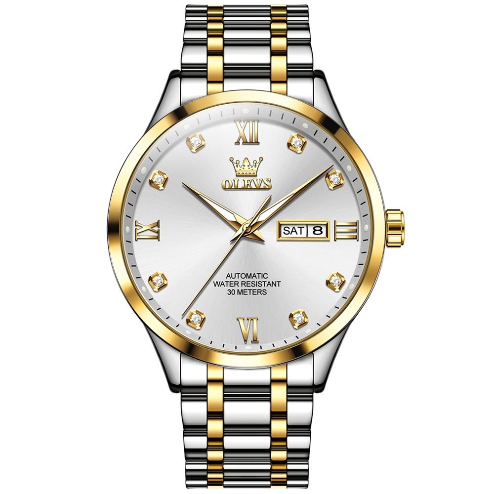 Waterproof Quartz Watch with Diamond Roman Scale for Men - Blue + Gold 13