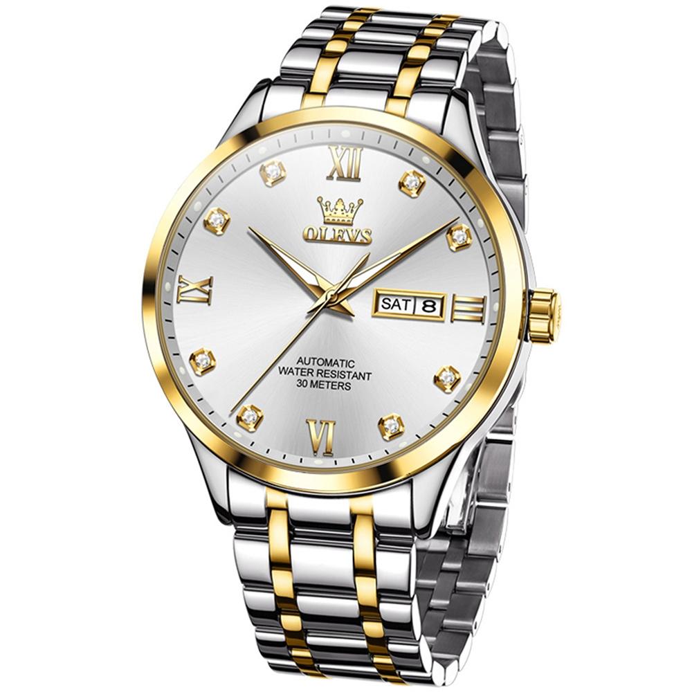 Waterproof Quartz Watch with Diamond Roman Scale for Men - Blue + Gold 14