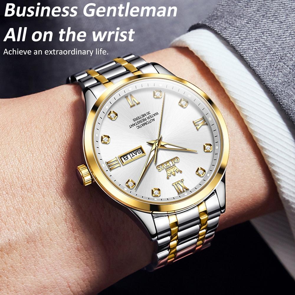 Waterproof Quartz Watch with Diamond Roman Scale for Men - Blue + Gold 15