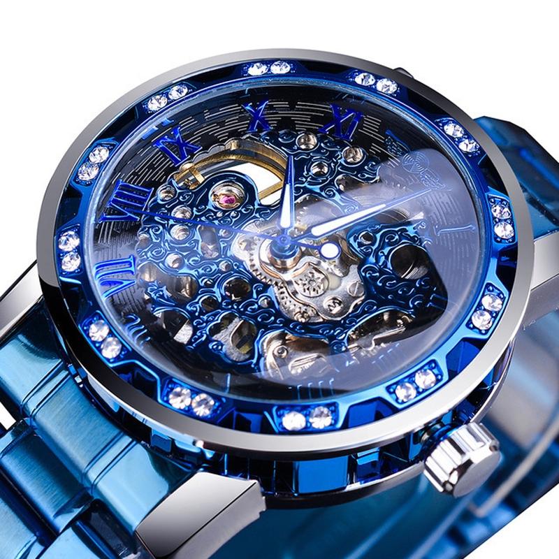 Men Skeleton Diamond Mechanical Watch - Luminous Pointer - Silver Belt Silver Shell Black Face