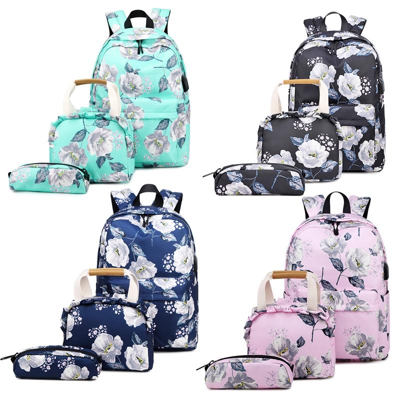 Small Fresh Printed Backpack Set - 3 Pieces for Students - Pink