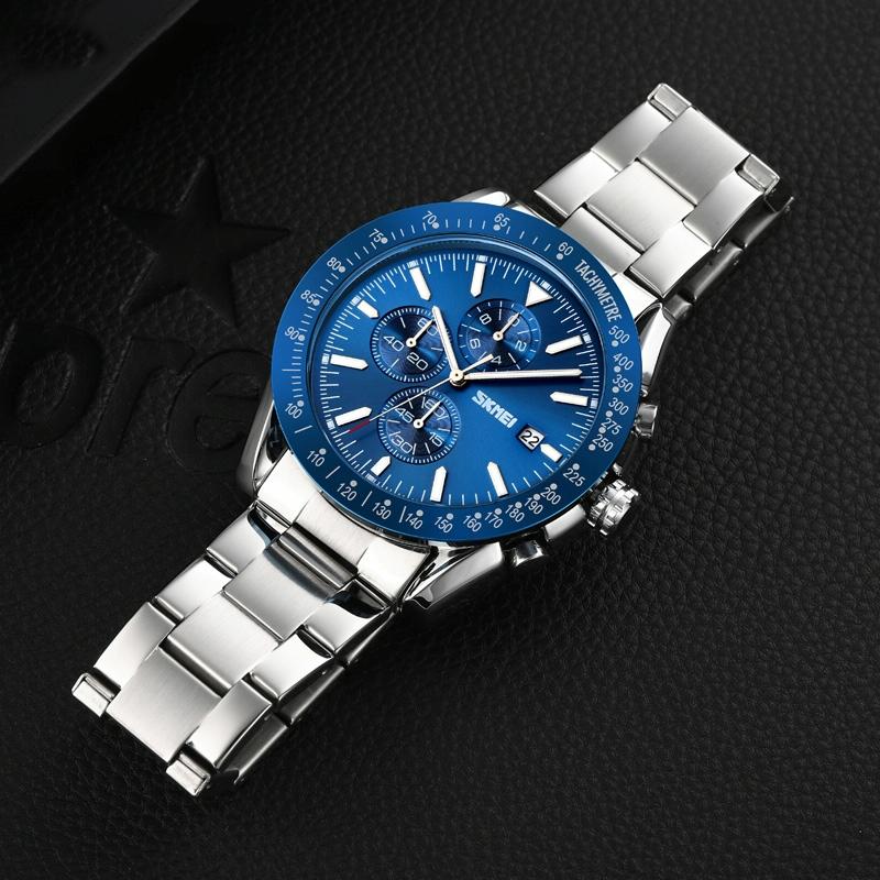 Stainless Steel Strap Quartz Watch for Men with Date and Six Pin Design - Silver Blue 11