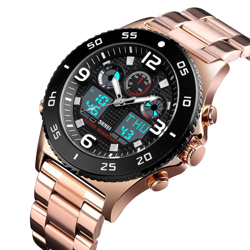 Men Casual Sports Watch with Large Dial and Steel Band - Rose Gold-Steel Belt 6