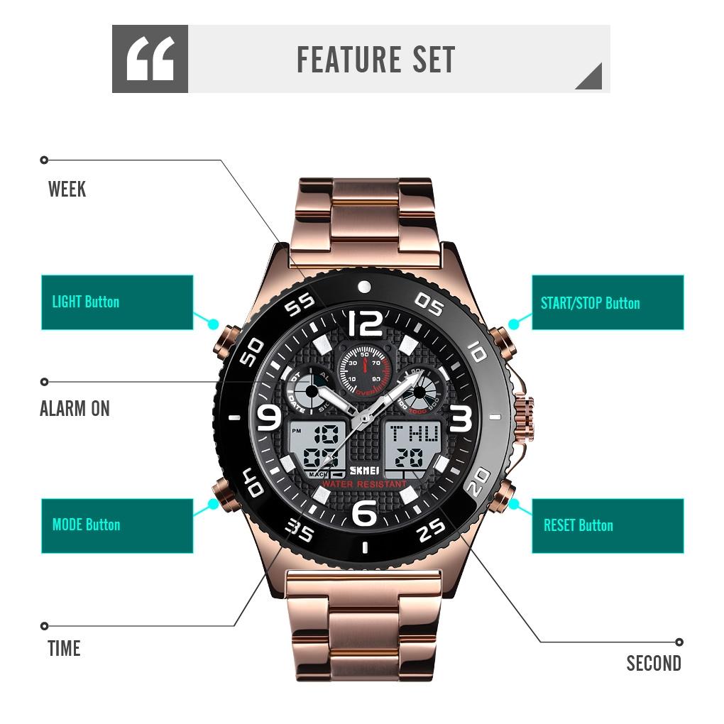 Men Casual Sports Watch with Large Dial and Steel Band - Rose Gold-Steel Belt 10