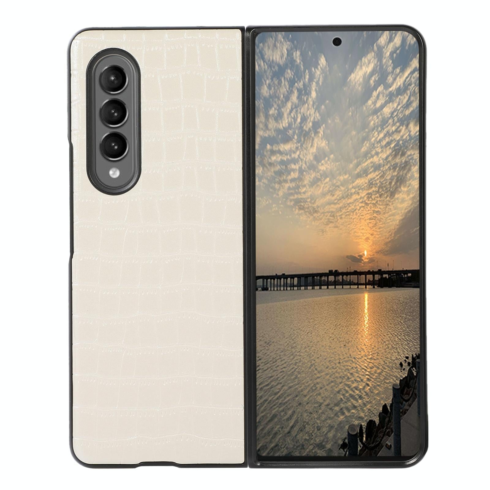 For Samsung Galaxy Z Fold4 5G Foldable Crocodile Texture Phone Case - Pu Leather - White