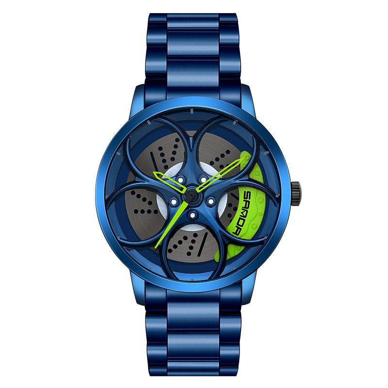 Men Steel Belt Quartz Watch with 3d Oval Hollow out Wheel - Blue Green