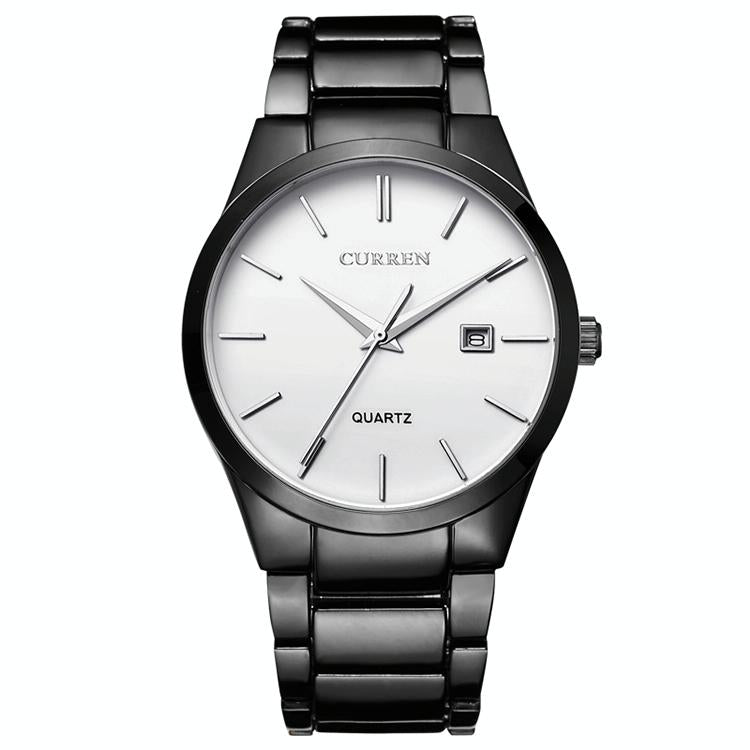 Waterproof Full Steel Quartz Watch - Fashion Business Calendar - White Case White Face 3
