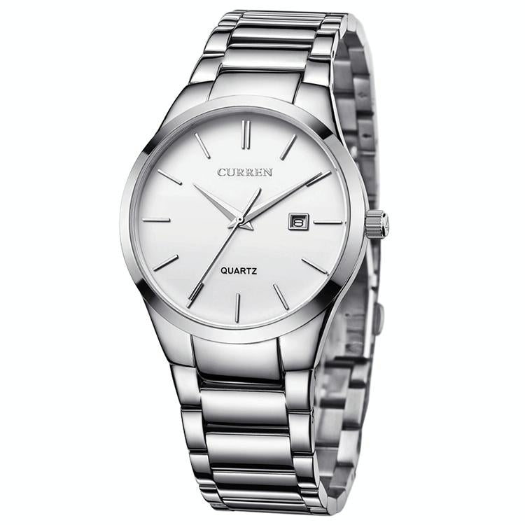 Waterproof Full Steel Quartz Watch - Fashion Business Calendar - White Case White Face 10