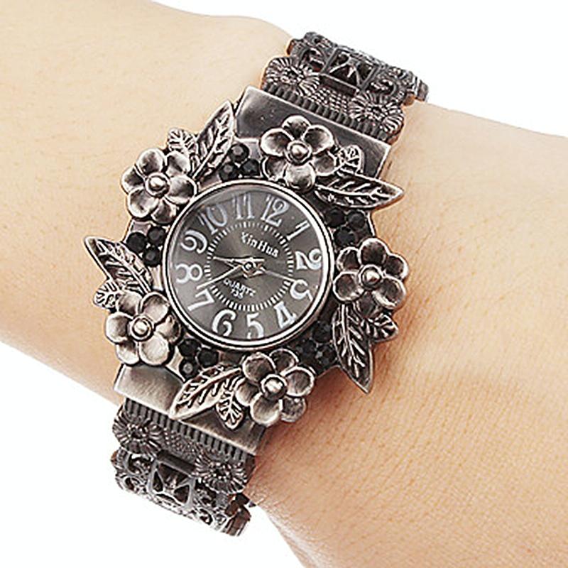 Flower Embossed Retro Bracelet Watch - Women Quartz - Purple 7