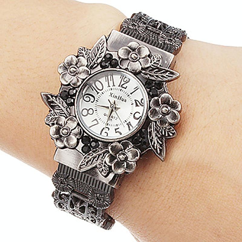 Flower Embossed Retro Bracelet Watch - Women Quartz - Purple 11