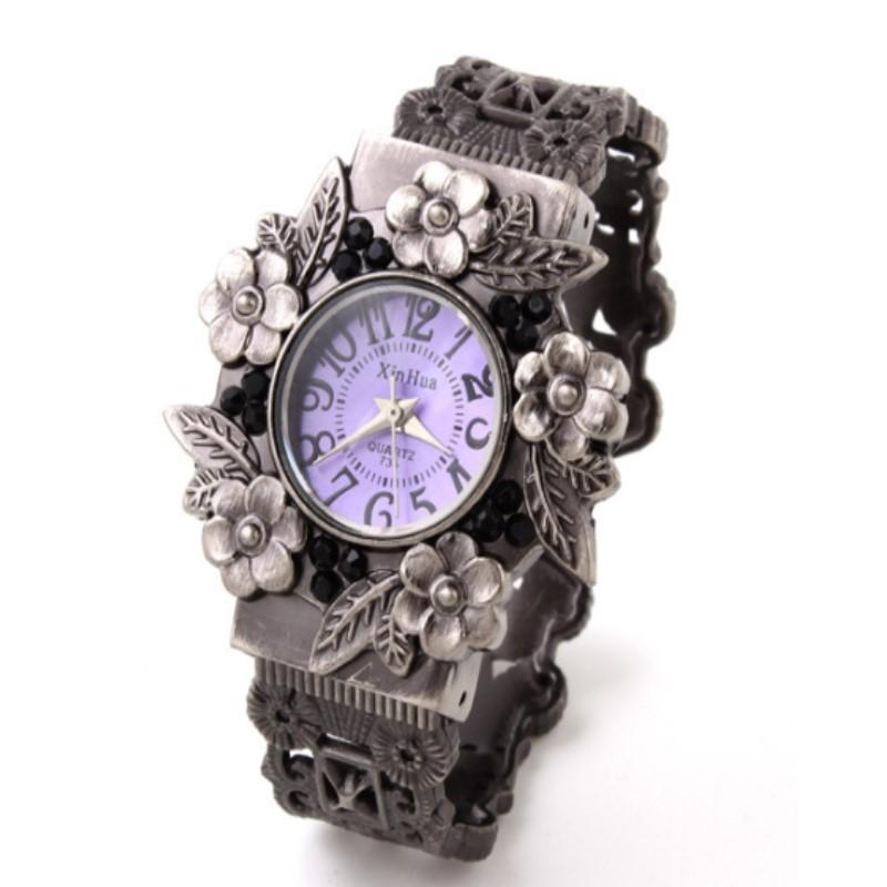 Flower Embossed Retro Bracelet Watch - Women Quartz - Purple 14