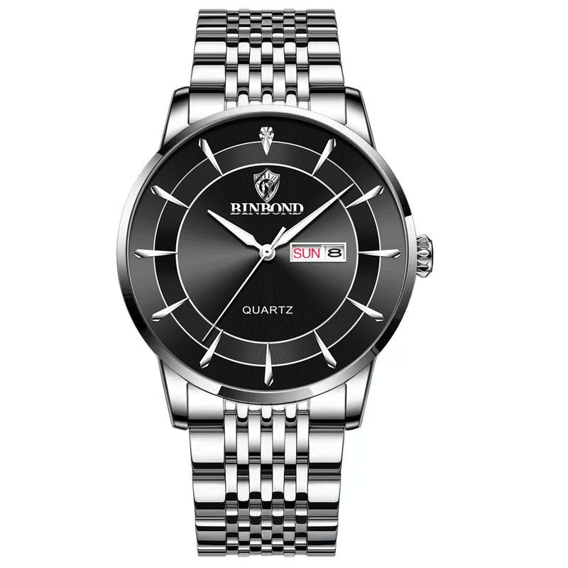 Waterproof Quartz Men Watch with Luminous Butterfly Buckle and Steel Belt - 30m - White Steel-Black