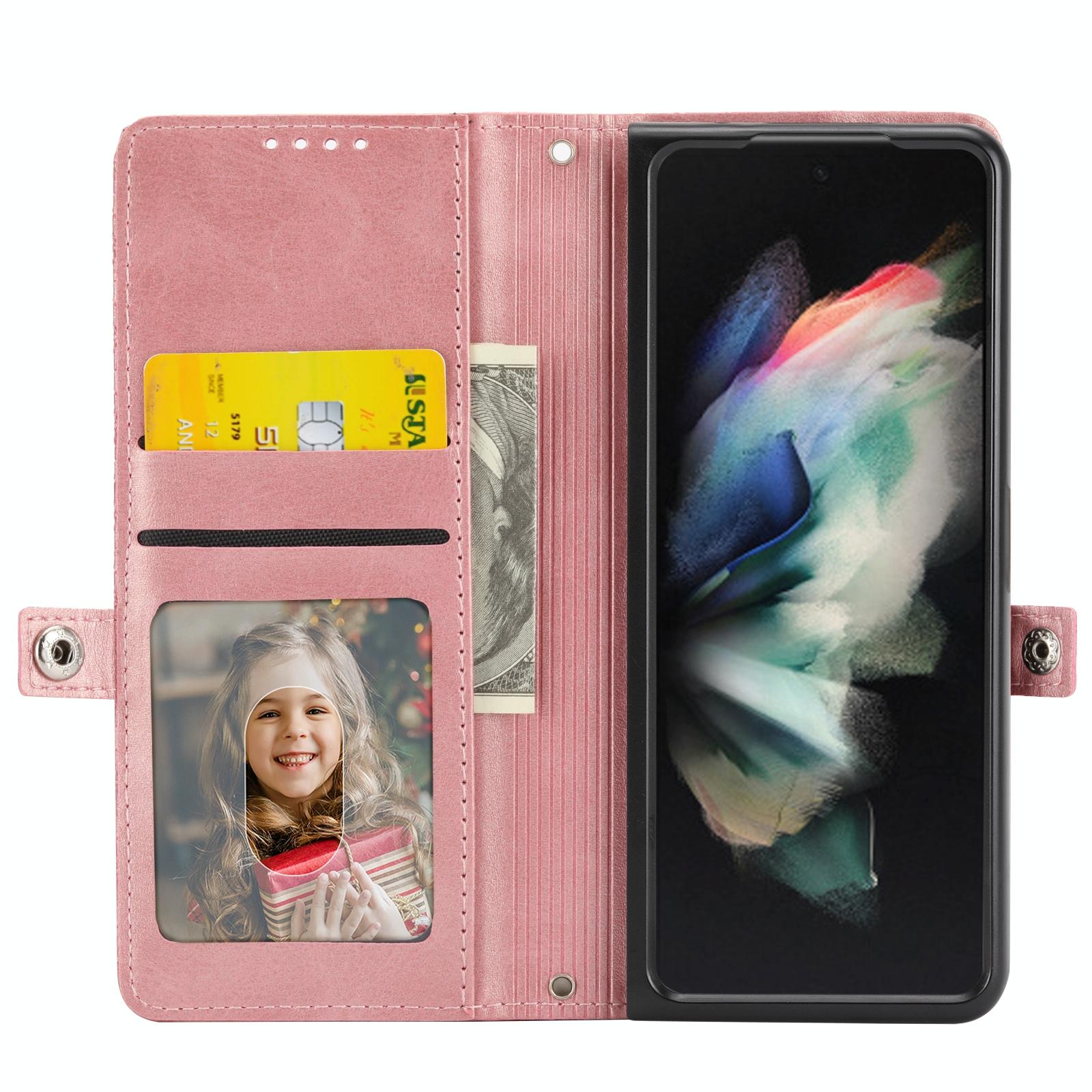 For Samsung Galaxy Z Fold4 5G Textured Leather Phone Case - Cubic Grid Design - Rose Gold 8